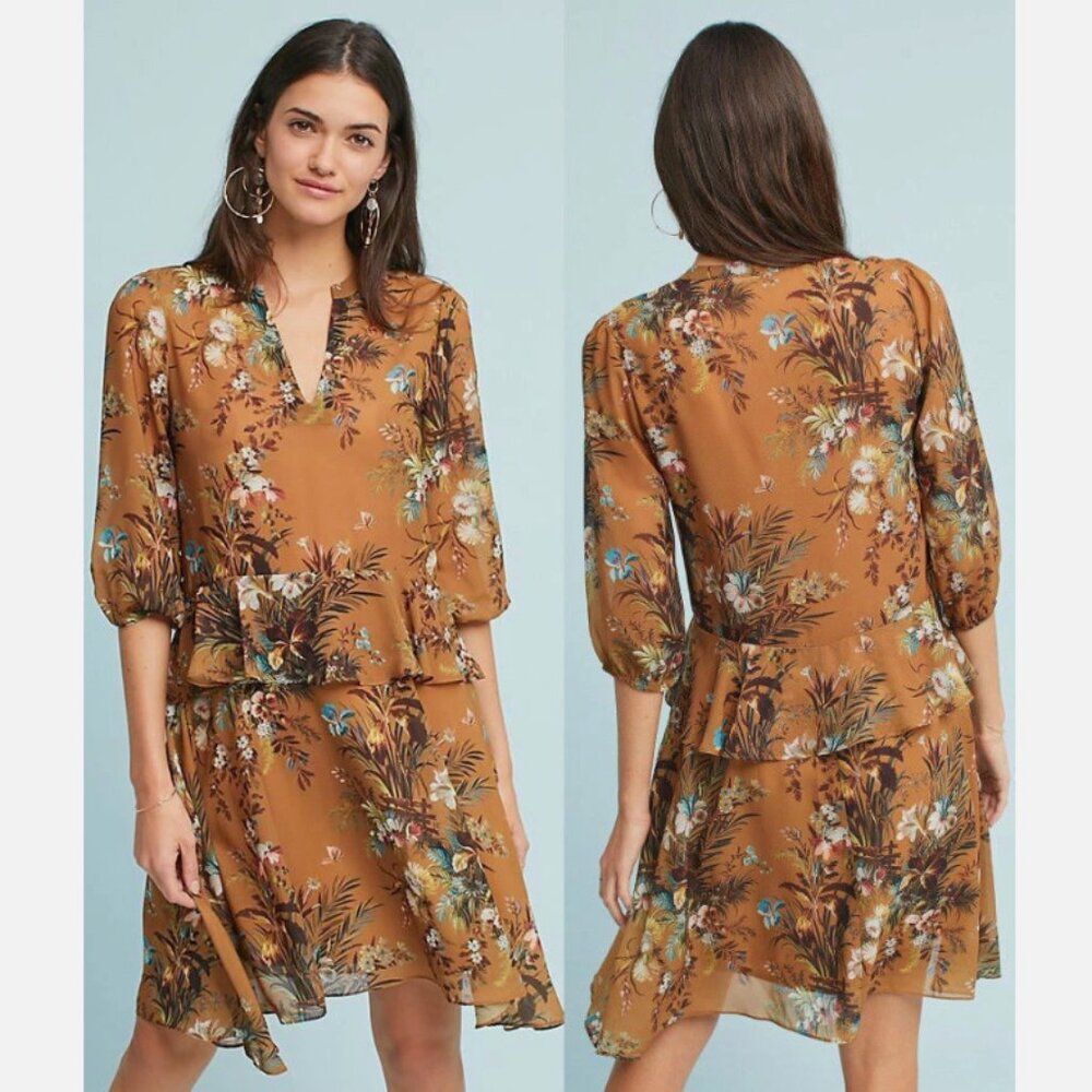 Anthropologie dRA Sheer Blouson Dress S Neutral Floral Chiffon Ruffle Office